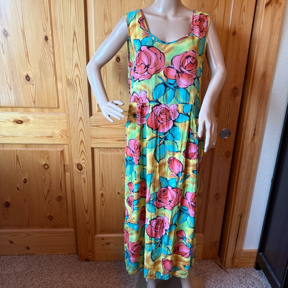 Vintage 90s Jams World Navajo Rose Maxi Dress Size L Crinkle  Hawaiian Beach